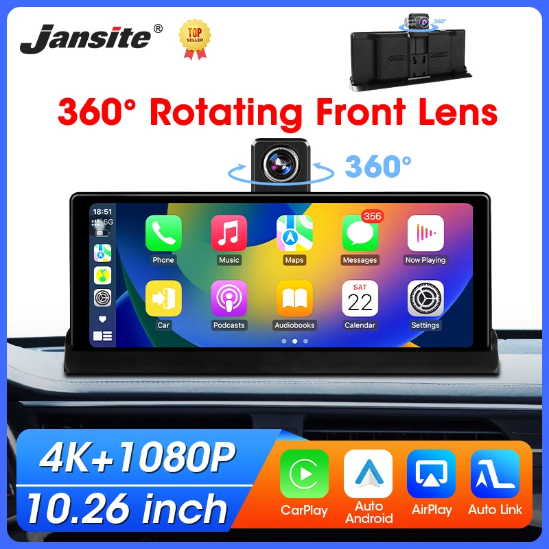10,26" 4K Dashcam 360 ° Objektiv Wireless CarPlay & Android Auto GPS Navigation Nachtsicht Auto DVR Video Recorder Unterstützung FM BT Image