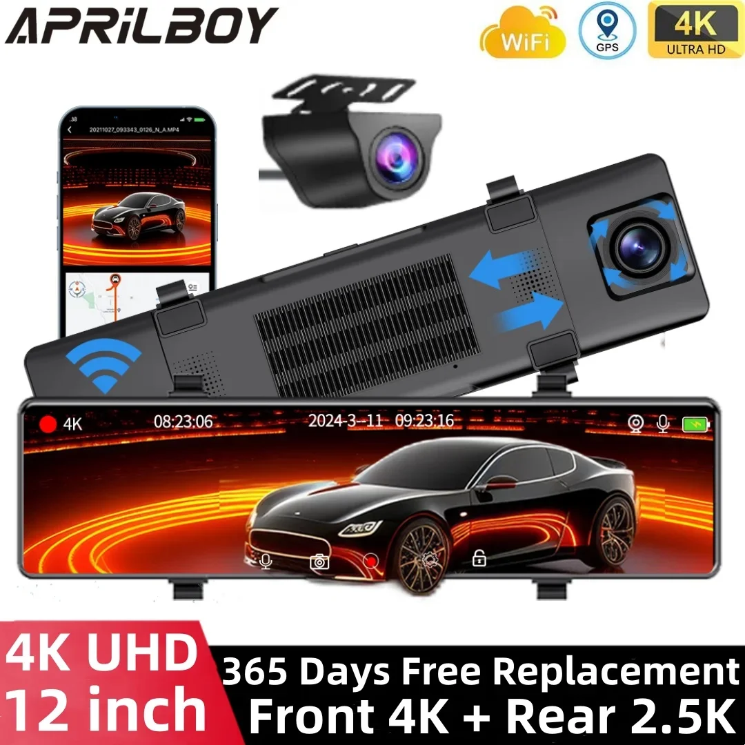 Aprilboy 12 Zoll Dash Cam 4K Auto Dvr WIFI Touch Nachtsicht Auto DVR Dash Cam Dash cam Video recorder Kamera Rückansicht Black box
