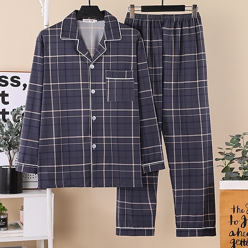 Per uomo Pigiami Set Pigiama Top e pantaloni del pigiama 1 Set Plaid Moda Elegante Classico Quotidiano Casa Da letto Poliestere Comodità Morbido Bavero Manica Lunga Cardigan Pantalone Elastico in vita