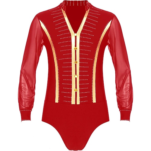 Body da ballo latino-tango, costume da ballo da sala, con scollo a V profondo e strass lucidi da uomo