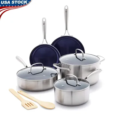 10-Piece Stainless Steel Cookware Set Nonstick Tri-Ply Induction Safe Includes Frypans Saucepan