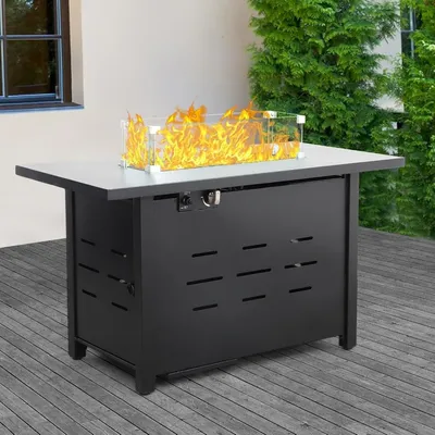 Propane Fire Pit 43 Inch Outdoor Fire Pit 50000 BTU Rectangle Gas Fire Table with Steel Lid, Blue