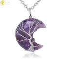 CSJA pendentif pierre naturelle semi precieuse collier pierre naturelle véritables , pendentif en cristal naturel, croissant de lune, arbre de vie, Quartz rose, lapiz lazuli oeil de tigre perle en