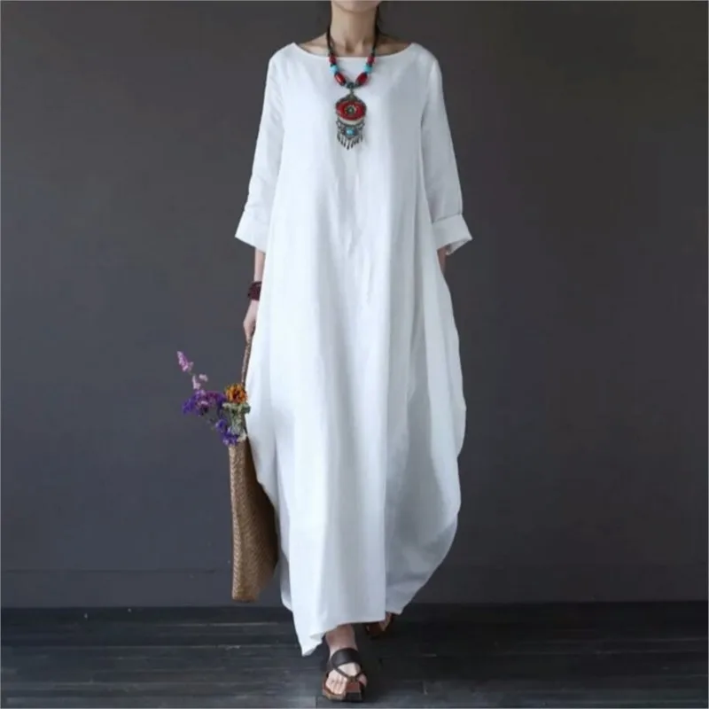 Abito lungo da donna in cotone e lino con scollo ampio ampio e scollo a O, abito lungo da donna vintage bianco primavera estate