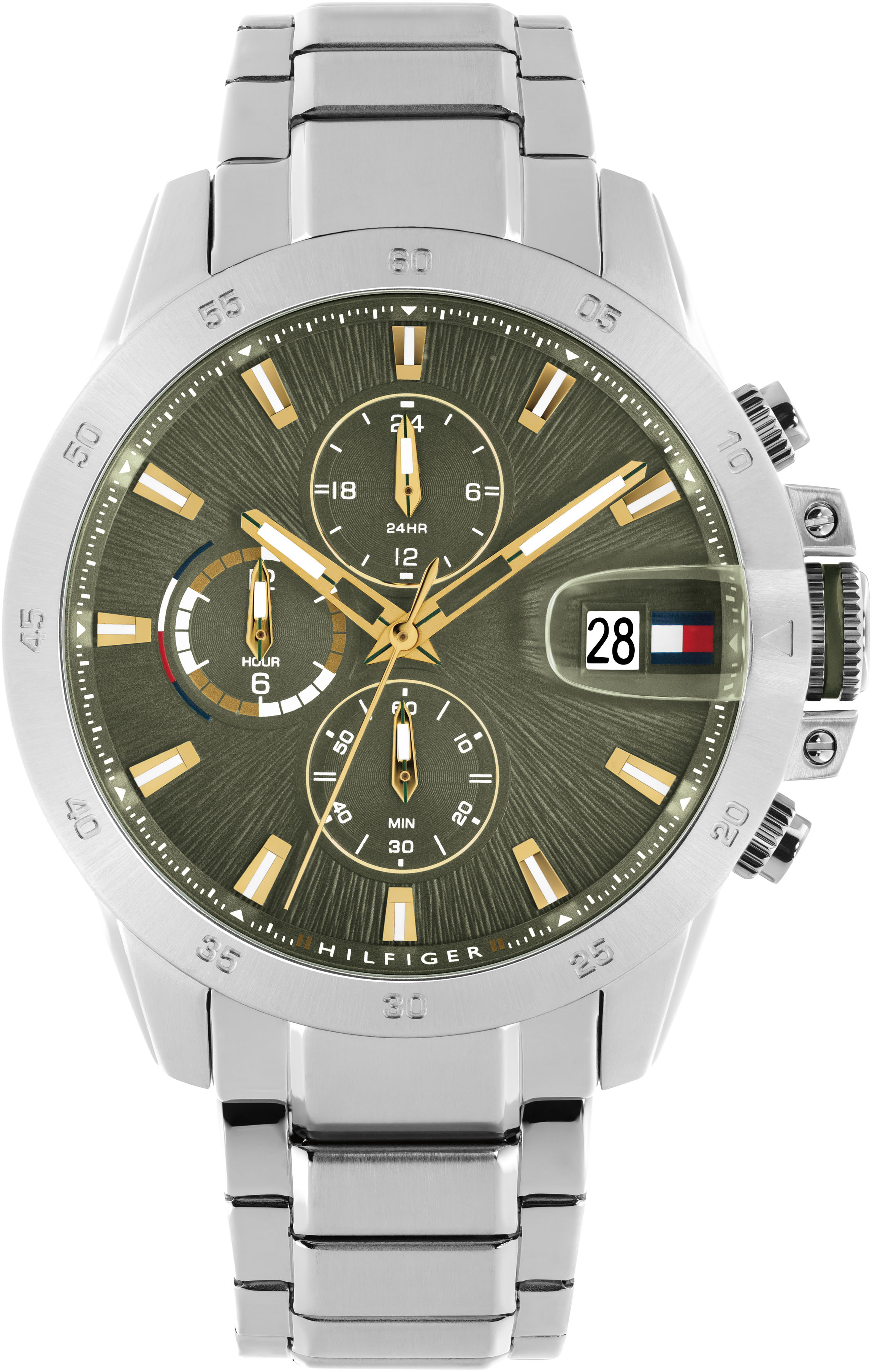 Multifunktionsuhr TOMMY HILFIGER "JAMESON", grün (edelstahlfarben, grün), Armbanduhren, Damen, Quarzuhr, Armbanduhr, Herrenuhr, Edelstahlarmband, analog, Tag