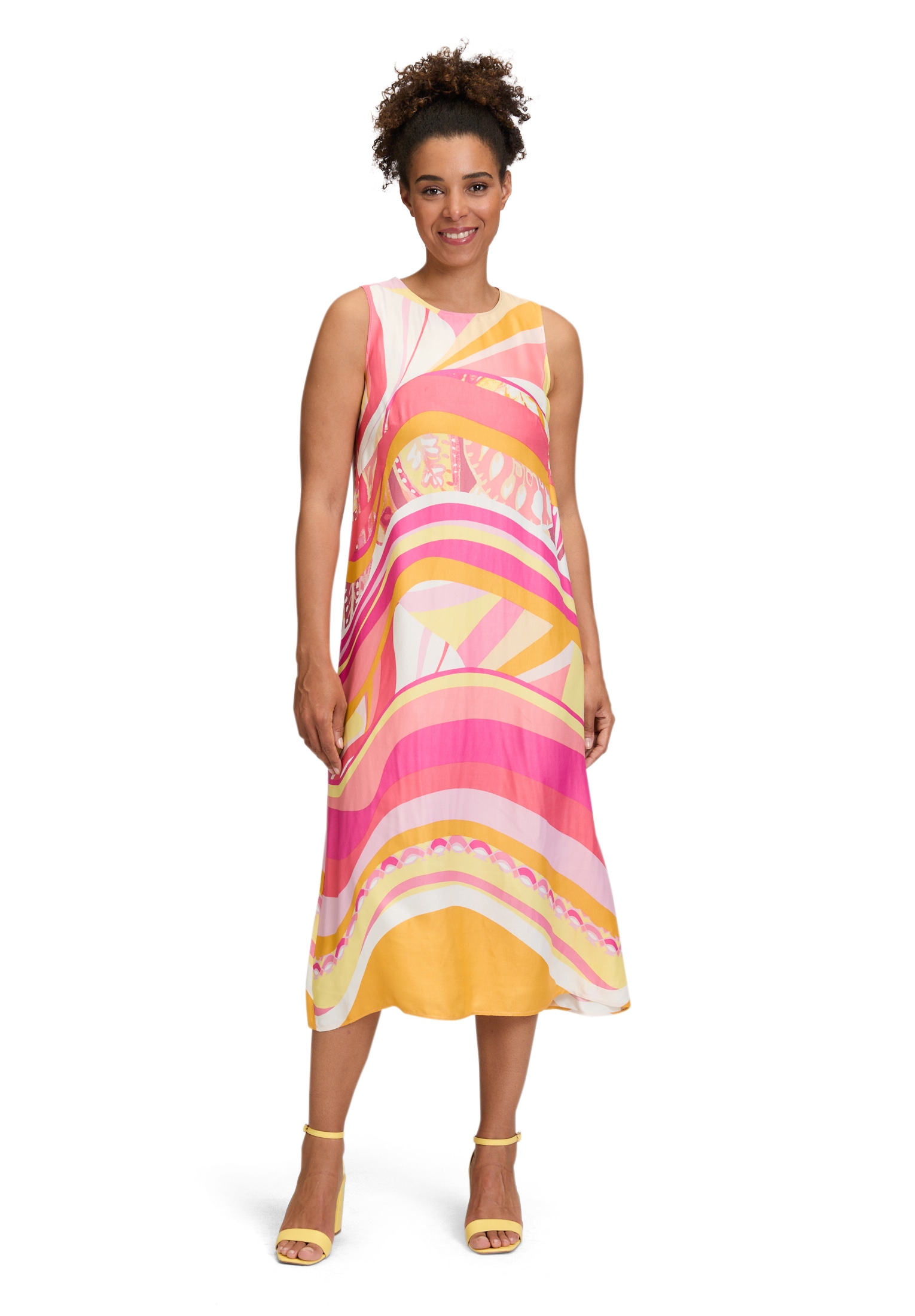 Sommerkleid BETTY BARCLAY "Damen mit Rundhalsausschnitt", Damen, Gr. 44, Normalgrößen, gelb (rosé, gelb), Obermaterial: 100% Viskose, figurumspielend lang, Rundhals, Kleider Sommerkleid, Druck