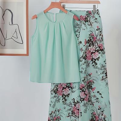 TEMU 2pcs Women's Chiffon Solid Color Shirt And Floral Wide Leg Pants Elegant Women's Plus Size Set, Suitable For Spring And Summer Image
