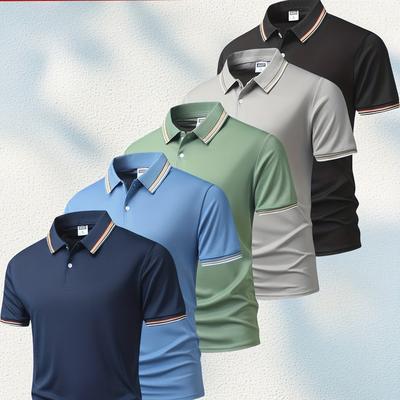 TEMU 5pcs Stylish Men's Shirt Set! Contrasting Stripe Neckline Design, Breathable Skin-friendly Fabric, Soft Drapeive Yet , Casual Commuting And Occasions, Wardrobe Renewal Image