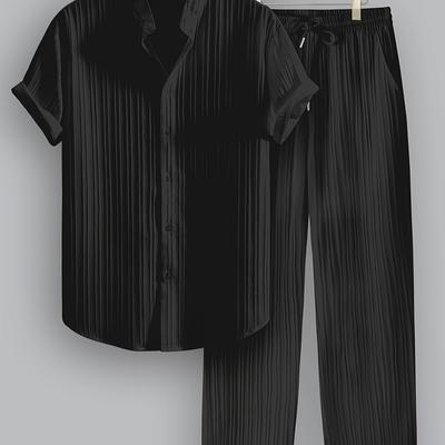 TEMU 2-piece Men's Summer Striped Polyester Suit, Short Sleeve Stand Collar Shirt And Drawstring Pants, Non-stretch Fabric, Suitable For Casual Wear And Beach Vacation, Solid Color Image