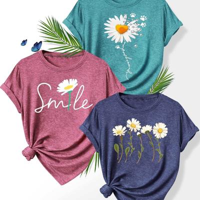 TEMU 3pcs Set Sister Pack Plant Flower Series Print Vintage Style Women's Summer Casual Sporty Round Neck Short Sleeve T-shirt In Multiple Colors S-xxl Ladies' Leisure Sports Tee Image