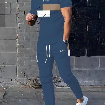 TEMU Men's Summer Short-sleeved And Long Pants Casual Two-piece Set, Sporty Loose With Pockets, Checkered Pattern 3d Printed Short-sleeved And Long Pants Trendy Casual Suit Image