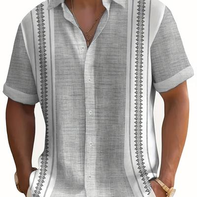 TEMU Men's Casual Short Sleeve Shirt - Relaxed Fit Geometric Print Contrast Stripes, Breathable Lightweight Fabric, Summer Essential For Beach & Casual , Beach Clothes, Collar, Nontransparent Material Image