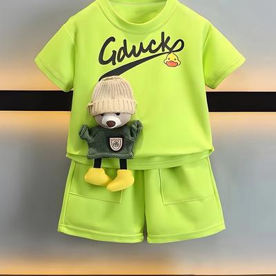 TEMU Boys Round Neck Short-sleeved T-shirt Top Shorts Set With Cute Bear Accessories, Soft And Comfortable, Casual Outdoor Wear, For Outdoor Image
