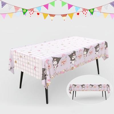 TEMU Black Cat & Disposable Party Tablecloth - Durable Polyester, Cute Cartoon Design With Balloons, Flowers & Hearts, Purple & White Checkered Pattern For Birthdays, Weddings, Picnics Image