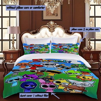 TEMU Sprunki Is Happy Gathering Themed Printed Bedding Set Flannel Duvet -season Technology Non-slip Bedding Sofa Compatible, Includes 1 Duvet Cover And 2 Pillowcases Without Filling Image