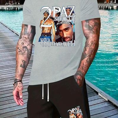 TEMU Memorial Print Men's Fashion Casual Two-piece Set, Round Neck Short Sleeve T-shirt And Drawstring Shorts Spring Summer Sportswear Outfit Image
