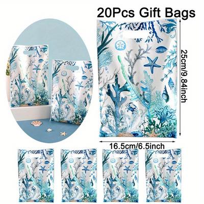 TEMU 20/50pcs Gift Bags - Ocean Blue Theme Plastic With Marine For Under The Sea Parties, Showers & Summer Decor, Under The Sea Party Decorations Image