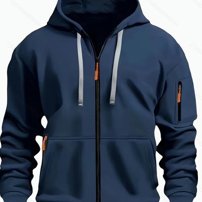 TEMU Men's Hooded Zip-up Jacket - Casual Sportswear For Fall/winter, Black With Orange & White Accents, Lightweight Polyester, Outdoor Activities & Fitness Image
