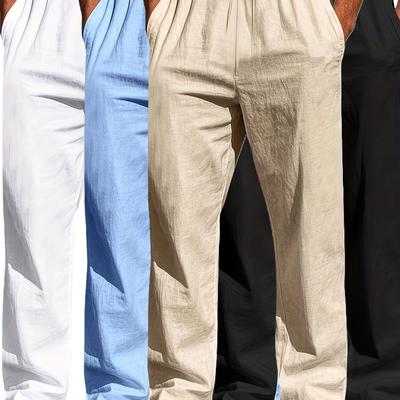 TEMU Men's Casual Linen Straight Leg Pants - Breathable, Comfortable, Solid Color With Pockets, Drawstring Waist, Streetwear Style, Black/blue/green/white, Casual Attir Image