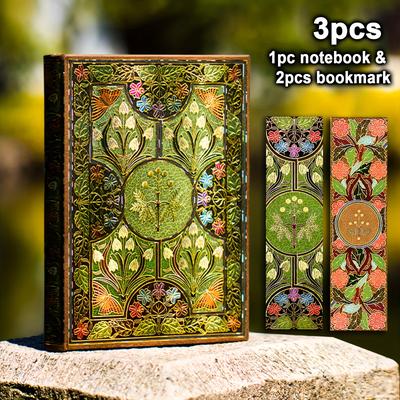 TEMU 3pcs, 256pages, Flower Vintage Hardcover Notebook,with 2pcs Bookmarks,gold Plated Laser Foil Diary,colored Pages,diy , Portable Notebook,travel Journal,office,perfect Gift Image