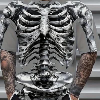 TEMU Men's Gothic Skeleton Graphic T-shirt - Short Sleeve, Crew Neck, 3d , Lightweight & Breathable Fabric, Edgy Streetwear Style, Goth T Shirt Image