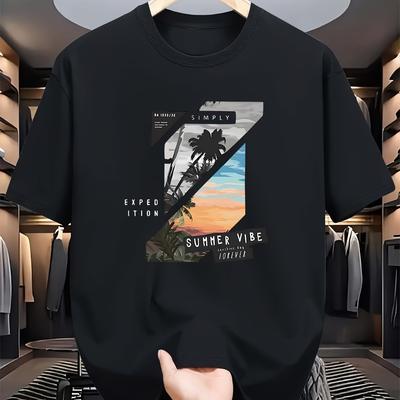 "TEMU Men's Casual Summer Tee With "simply" Graphic - With Palm Tree & Sunset Design, Lightweight & Comfortable, Casual Attire, Everyday Tshirt | Graphic Tee | Lightweight Shirt" Image