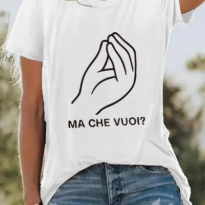 "TEMU Women's Casual -shirt With Italian Gesture Print - "che Vuo?" Design, Soft Round Neck Short Sleeve Top, Vacations, Machine Washable" Image