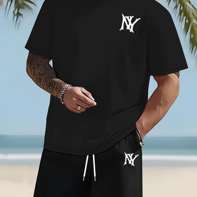 TEMU Men'-piece Set Of Trendy Casual Clothing With Round Neck Short-sleeve T-shirt And Drawstring Shorts For Spring/summer Sports Image