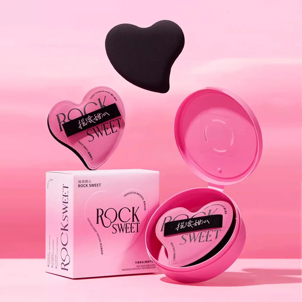 ROCK SWEET Cotton Candy Herzförmiges rosa weiches Make-up Weiches nasses und trockenes flüssiges Foundation-Puderquaste mit doppeltem Verwendungszweck