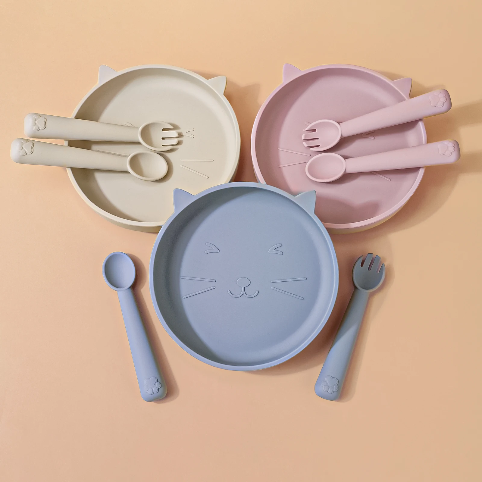 3 teile/satz Silikon Kinder Geschirr Baby Fütterung Set Silikon Teller Weiche Silikon Löffel Gabel Baby Training Geschirr Image