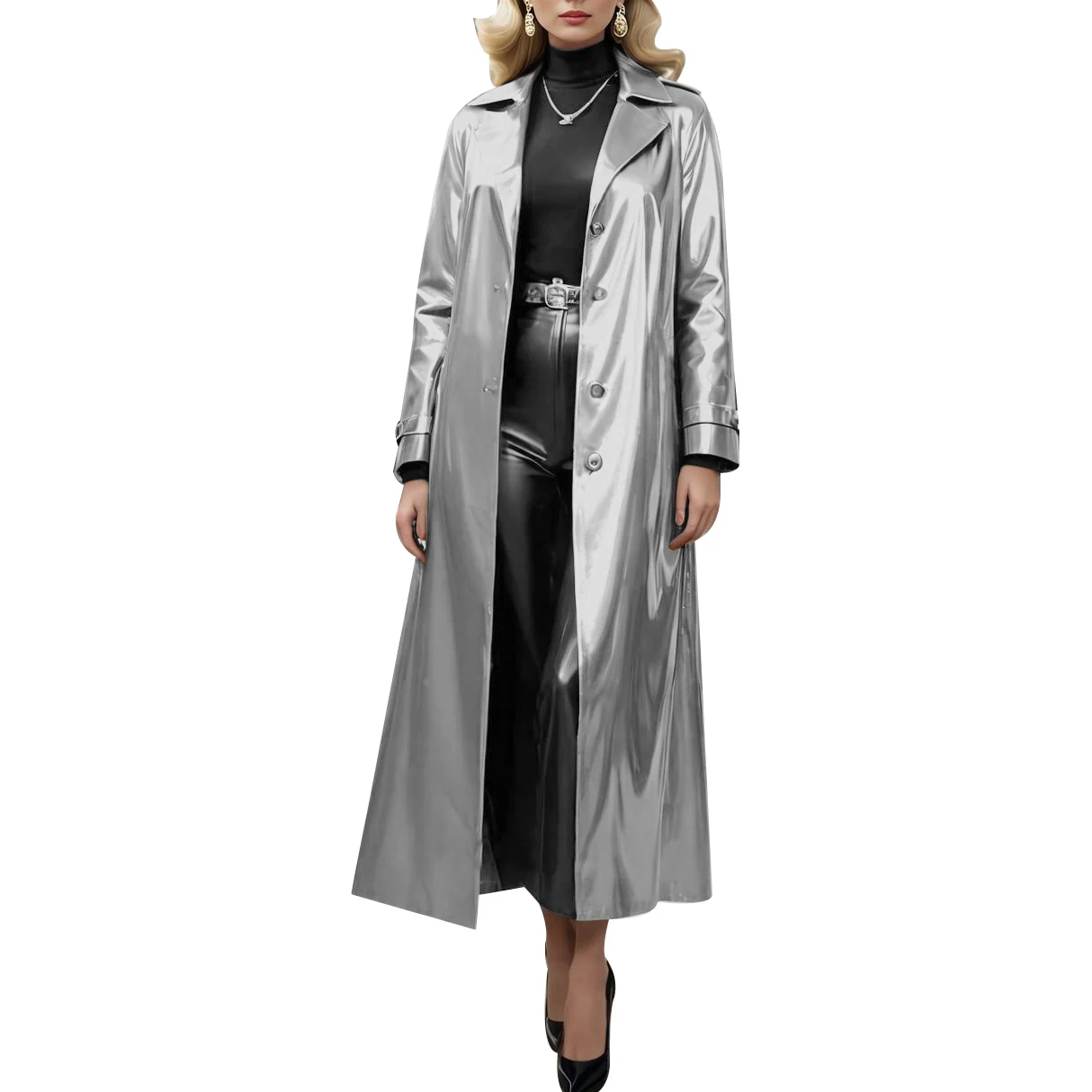 Silberner sexy langer Latexmantel H-Linie unterhalb des Knies Gummi-Trenchcoat mit Revers, einreihig, gerade, locker, YF-0457 Image