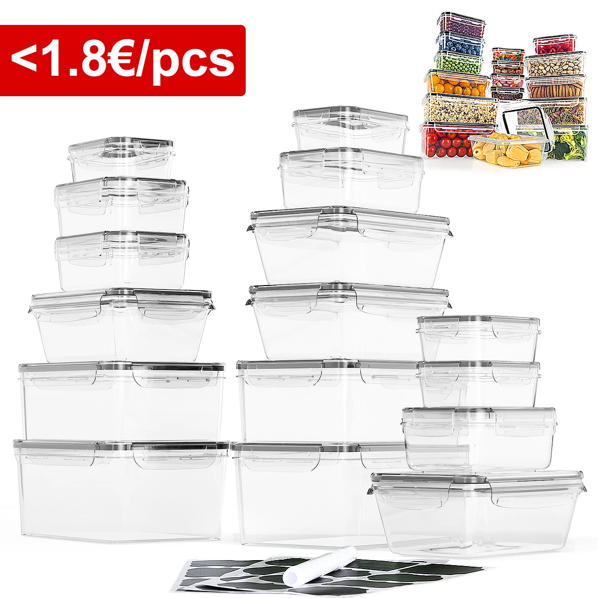 Lebensmittelaufbewahrungsbehälter mit Deckel, Gefrierschrank, Lebensmittelboxen, Lunchbox, 16 Sätze 32 Stück (16 Behälter, 16 Deckel) 2200 ml, 1740 ml, 1000 ml, 520 ml, 240 ml Image