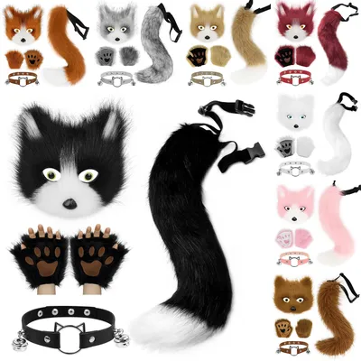 Kunstpelz Fuchsschwanz Katzenmaske Pfotenhandschuhe und Lederhalsband Kostümzubehör Set für Image