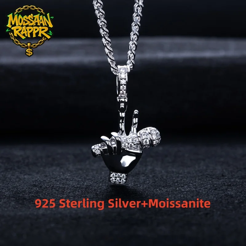 MossanRappr Moissanit Punk Mikrofon Hand Anhänger Iced Out Hip Hop Halskette 925 Sterling Silber Damen Stilvoller Schmuck Geschenke Image