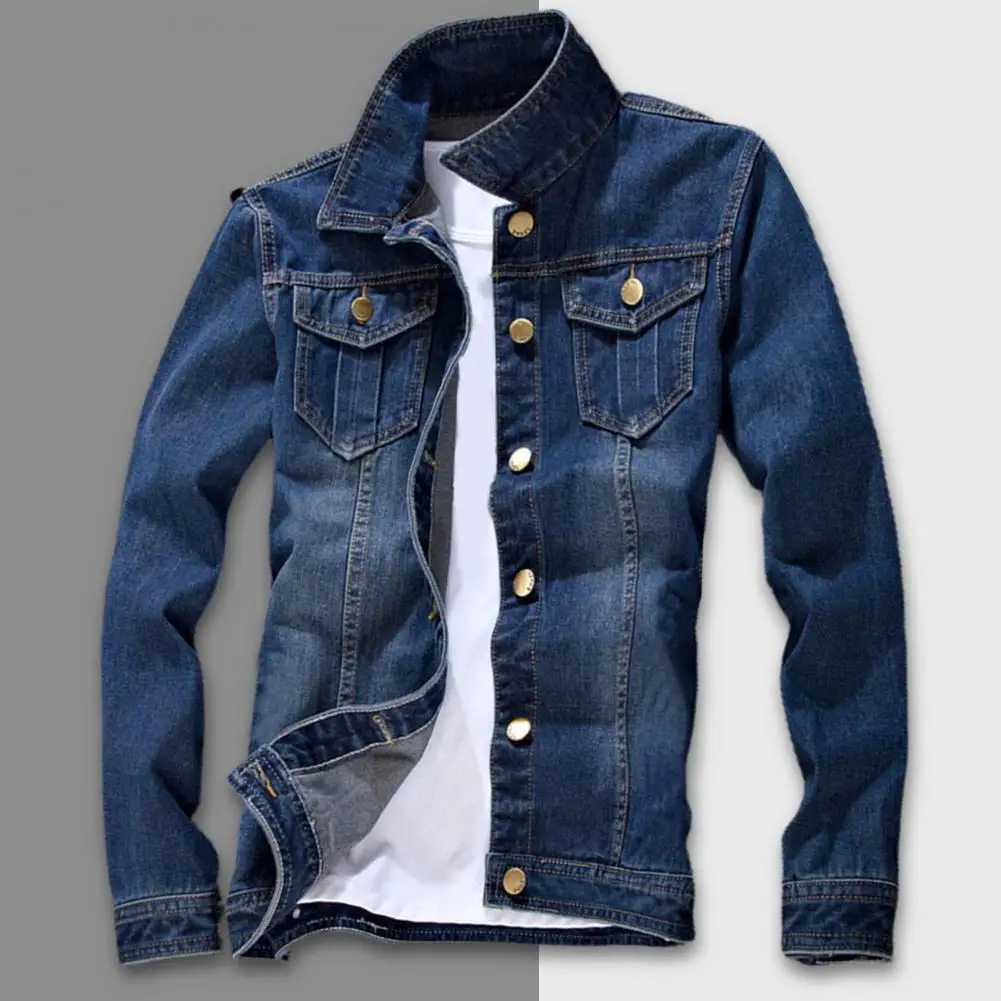 Cappotto di jeans da uomo Colletto couverture vintage Giacca di jeans da uomo Autunno Streetwear Giacca di jeans slim fit di colore puro Bottoni Cappotto di jeans