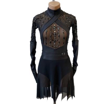 Figure Skating Dress Women's Girls' Ice Skating Dress Black Patchwork Open Back Mesh High Elasticity Training Competition Skating Wear Classic Crystal / Rhinestone Long Sleeve Ice Skating Figure