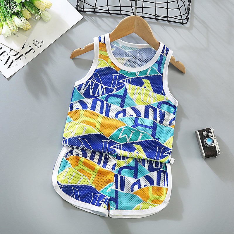 2 Pieces Toddler Boys Tank Shorts Outfit Animal Cartoon Sleeveless Cotton Set Outdoor Fashion Daily Summer Spring 3-7 Years Blue dinosaur feather car