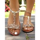 Women's Rhinestone Boho Flat Sandals – Sparkly T-Strap Summer Shoes with Braided Accents for Beach, Travel, and Daily Comfort