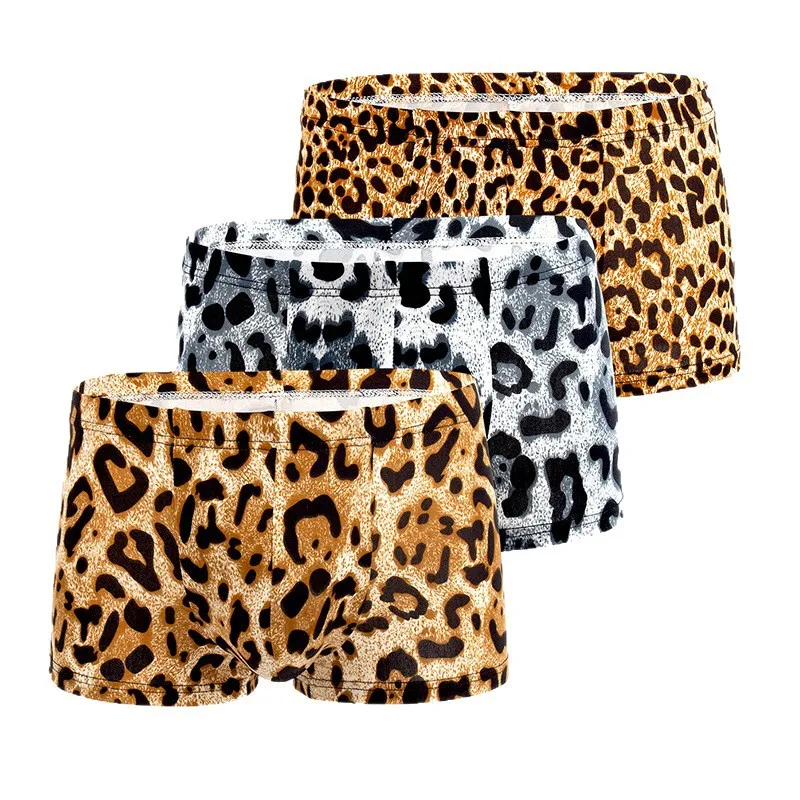 Mode Leopard Gedruckt Boxer Shorts Atmungs Eis Seide Dünne männer Unterwäsche U Ausbuchtung Beutel Unterhose Sexy Quick Dry Höschen Image
