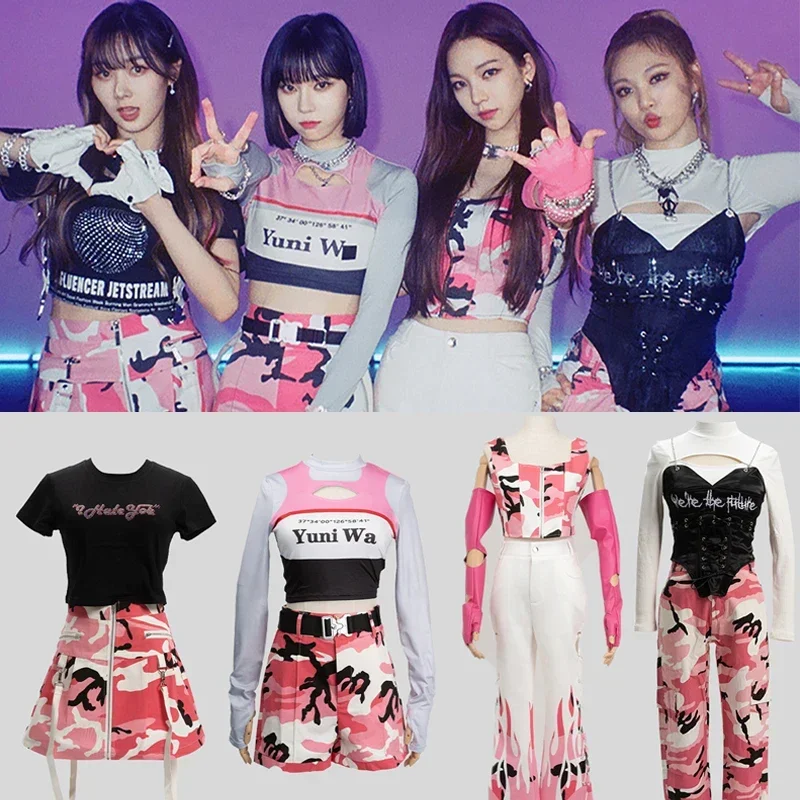 2025 neue Frauen Jazz Dance Hip Hop Anzug Sängerin Bühnenkostüme Rosa Camouflage Kleidung Festival Rave Outfits