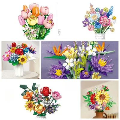 MOC Tropischer Stil Narzisse Pfingstrose Blumenstrauß Bausteine Vielfältige Rosenfarbe Romantisches Image