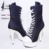 Leinwand Stiefeletten Frauen Plattform High Heels Seite Zip Kurze Booties Pole Dance Schuhe Große