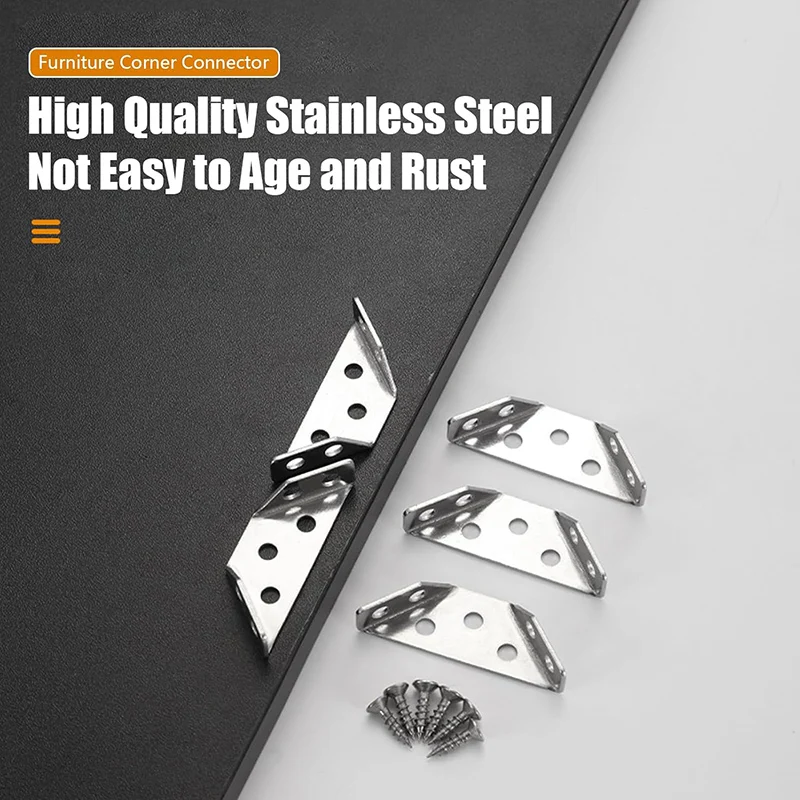 4 Stück Edelstahl-Eckwinkel, Möbelwinkel, Regalverbinder, Schrankstütze, Befestigungsrahmen, Eckstrebe mit Schraube Image