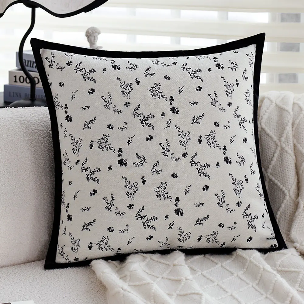 Weicher Blumen-Kissenbezug, 45 x 45 cm, für Wohnzimmer, nordischer Stil, Sofa, dekorativer Kissenbezug, Chenille-Samt, Schwarz, Funda Cojin Image