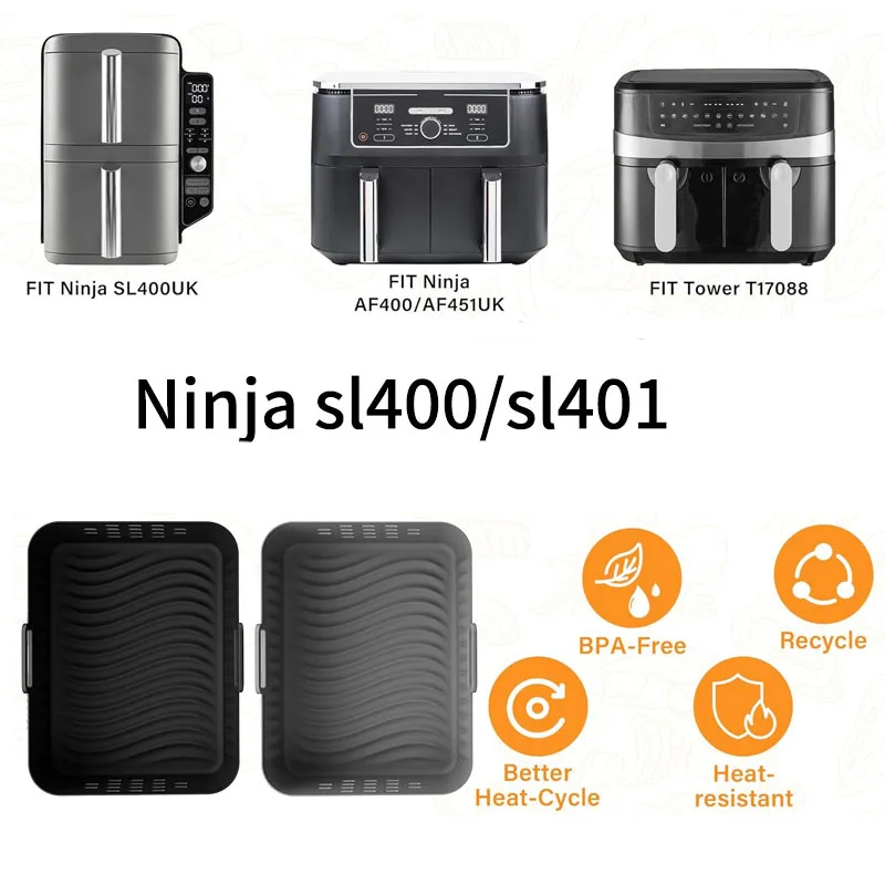 2 Stück rechteckige Silikon-Luftfritteuse-Einlage für Ninja SL400UK/SL401, wiederverwendbarer Luftfritteusen-Backblechkorb Image