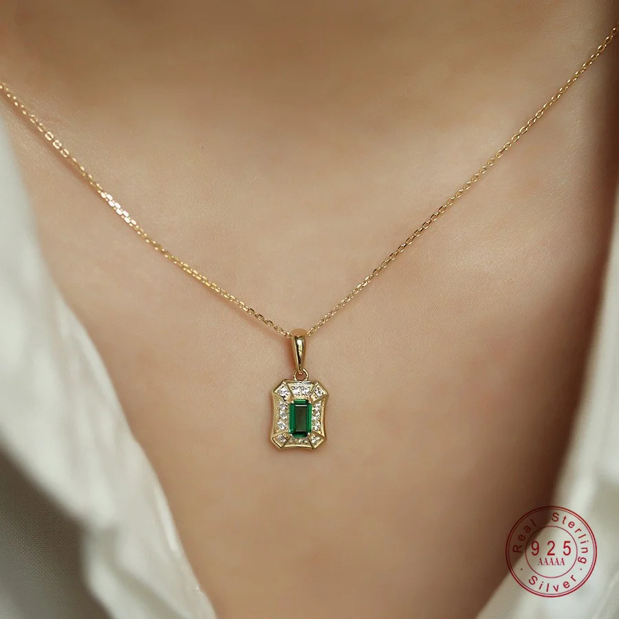 Halskette mit Anhänger aus 925er-Sterlingsilber, 18 Karat Gold, Vintage-Stil, grüner Zirkon, für Damen, hochwertiger Temperament-Schmuck