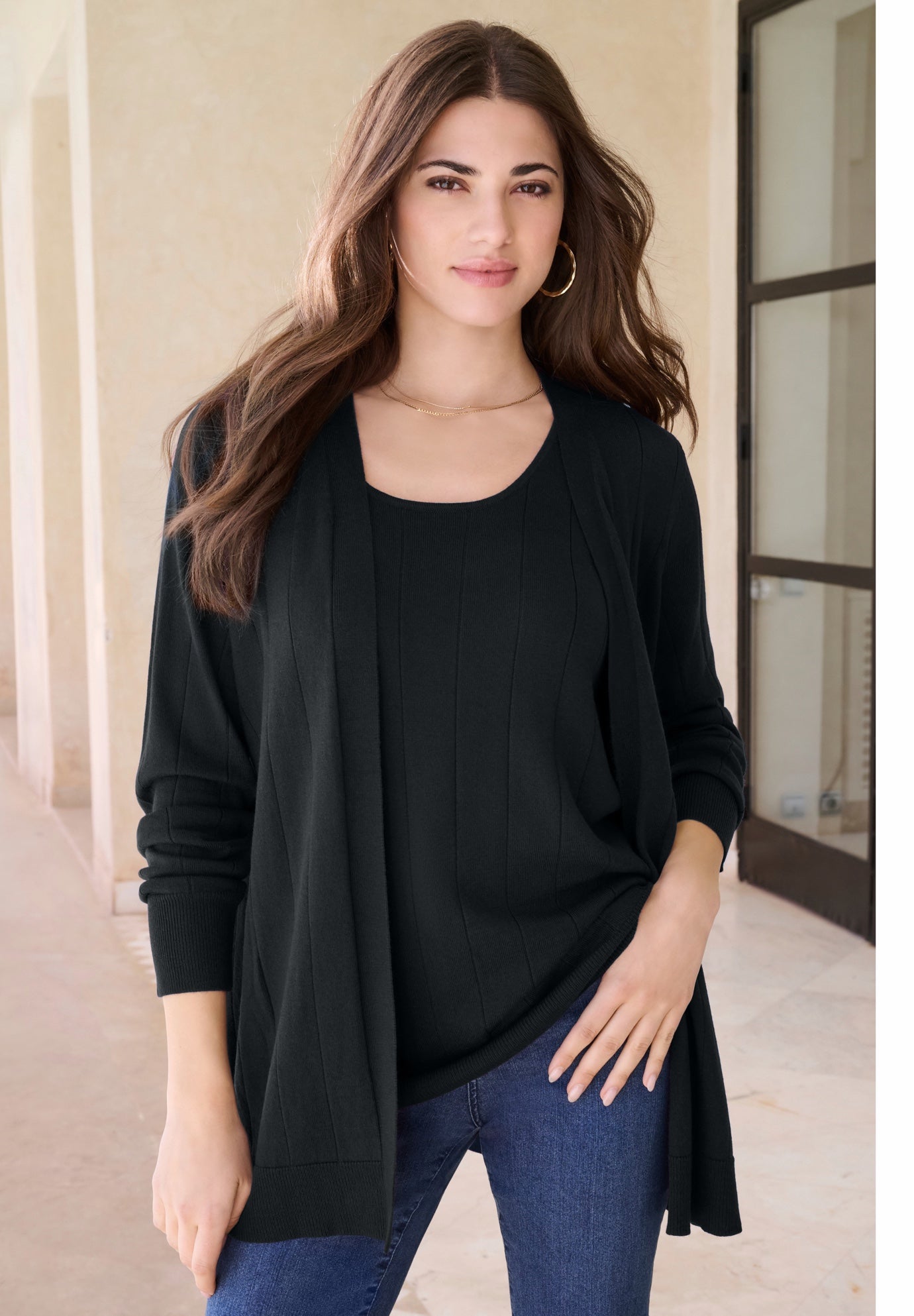 Plus Size Women's Plus Size Drop Needle Cardigan Lightweight Sweater Knit by Roaman's in Black (Size 5X)