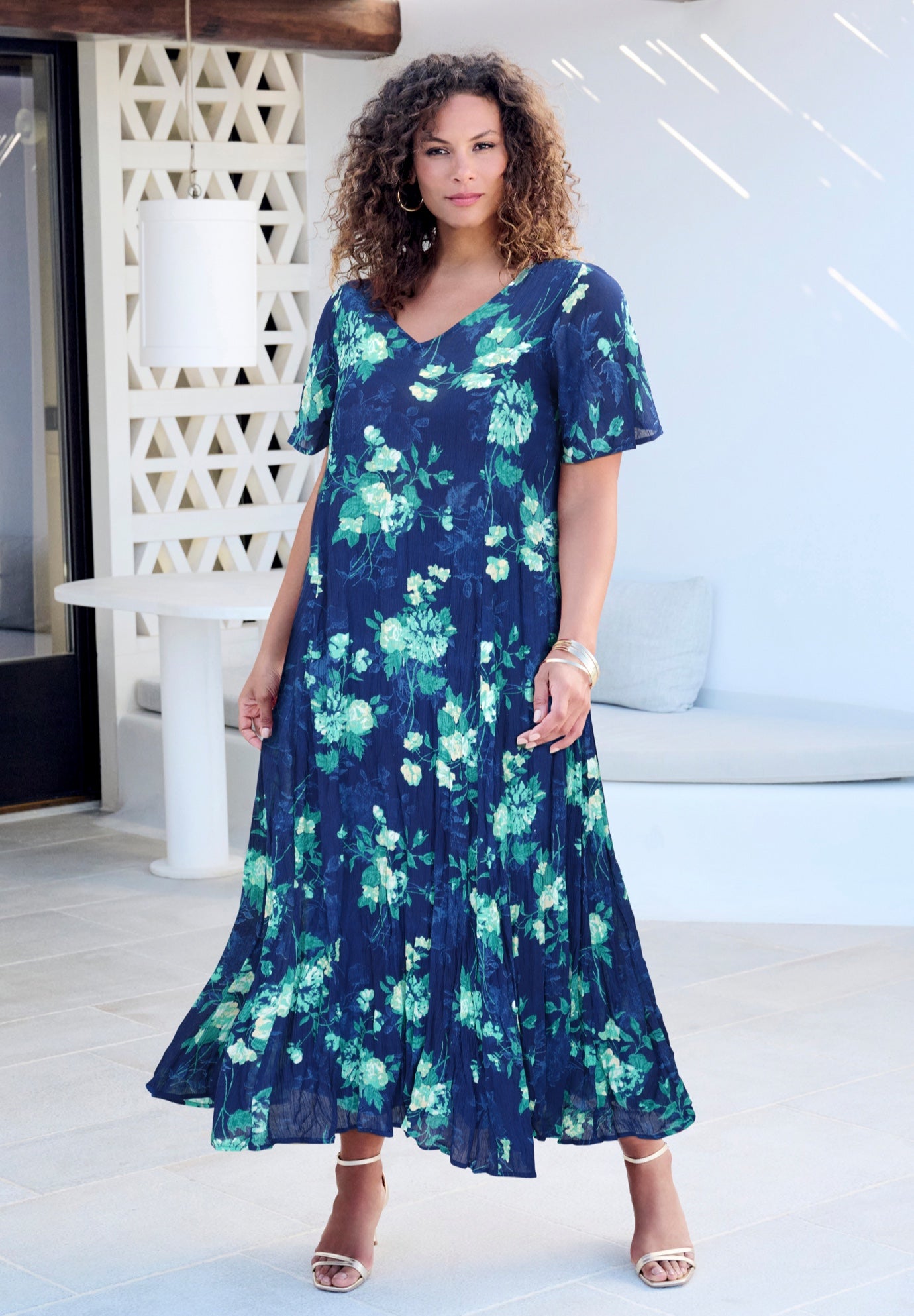 Plus Size Women's Plus Size Hand Crinkled Flutter-Sleeve Maxi Dress by Roaman's in Navy Bold Painted Floral (Size 38/40)