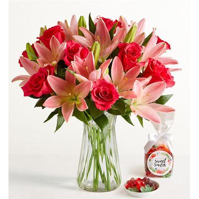 1-800-Flowers Flower Delivery Magnificent Pink Rose & Lily Bouquet W/ Clear Vase & Candy