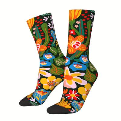 TEMU 1 Pair Polyester Knit Fabric Crew Socks For Men With Floral Pattern, Hip Hop Style, Happy Casual Seamless Print, Spandex , Gift Socks - Hand Washable Image